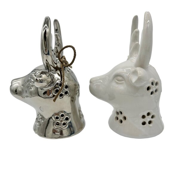 Set of 2 Reindeer Heads 1 Silver 1 White Ceramic 6in Tall x 3in Wide - Picture 2 of 9